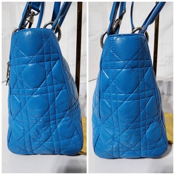 Authentic CHRISTIAN DIOR Lambskin Cannage Medium Lady Dior Satchel Bag Blue - Picture 9 of 16